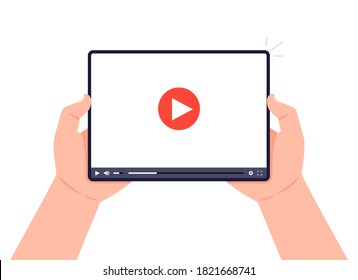 Hands holding tablet with video player on screen. Video marketing concept: tutorials, lectures, conference, webinar. Vector illustration.