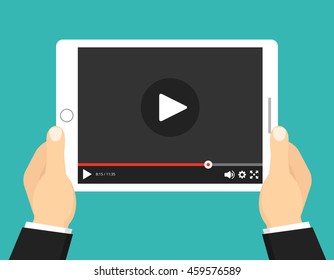 Hands holding tablet with video player on screen. Vector flat illustration.