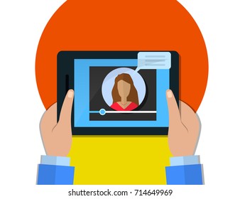 Hands holding tablet with video player on screen,  female video blogger concept. Vector flat illustration.