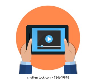 Hands holding tablet with video player on screen. Vector flat illustration.