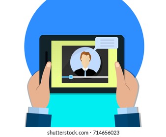 Hands holding tablet with video player on screen, male video blogger concept. Vector flat illustration.