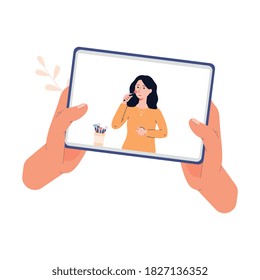 Hands holding tablet with video tutorial from beauty blogger on screen, flat vector illustration isolated on white background. Internet marketing and online education.