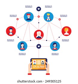 Hands holding tablet with web icons Social network and Communication concept