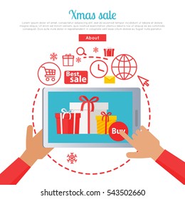 Hands holding tablet with xmas best sale. Process of buying presents via the Internet. E-commerce business, New Year seasonal sale in cartoon style. Vector web banner illustration in flat design.