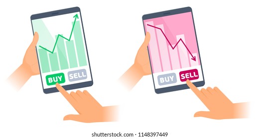 The hands are holding a tablets with stock quote charts on the screens. The fall and increase in the shares price graphs. The trader's computers, sell, buy buttons. Business flat concept illustration.