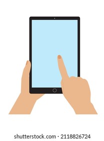 Hands holding tablet.Template, mock-up of empty toch screen. Space for your image or text. Flat style,minimalist design.Isolated. Vector illustration