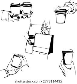 Hands holding takeaway coffee cups shopping paper bags cafe sketch set. Vector illustration