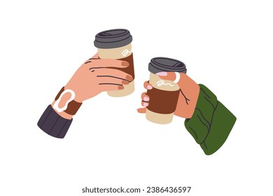 Hands holding takeaway paper cups with coffee. Takeout tea mugs cheers. Girls friends drinking hot beverage, cacao, celebrating holiday. Flat graphic vector illustration isolated on white background