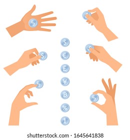 A hands are holding, taking and giving the silver coins. The fee, earnings, payment, shopping, banking concept set. Flat vector illustration of human hand with metal money isolated on white background