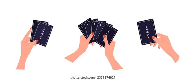 Hands holding tarot cards with boho moon. Female fortune teller predicting future. Magic and esoteric. Set of vector illustrations in flat cartoon style.