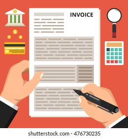 Hands holding tax form. Government, state taxes. Tax payment concept. Flat vector illustration.
