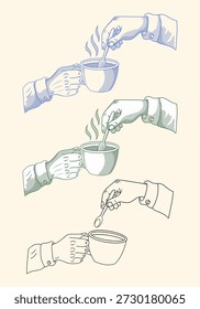 Mãos Segurando Taça de Chá e Colher Set Vintage Crosshatching Estilo, Ideal para logotipos de cafeteria, menus de café da manhã, blogs culinários, e gráficos de estilo de vida. Ativos versáteis para mídia impressa e digital.