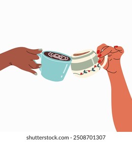 Mãos segurando xícaras. Canecas de café aplaudem. Meninas amigas, casal bebendo bebida quente, puxadas à mão. Reunião de café da manhã, reunião. Ilustração vetorial gráfica plana isolada no plano de fundo branco