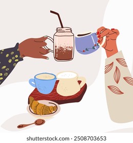 Hands holding tea cups. Coffee mugs cheers. Girls friends, couple drinking hot beverage, hand drawn. Breakfast gathering, meeting. Flat graphic vector illustration isolated on white background