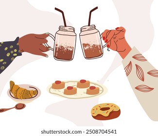 Hands holding tea cups. Coffee mugs cheers. Girls friends, couple drinking hot beverage, hand drawn. Breakfast gathering, meeting. Flat graphic vector illustration isolated on white background