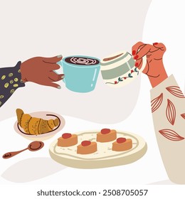 Hands holding tea cups. Coffee mugs cheers. Girls friends, couple drinking hot beverage, hand drawn. Breakfast gathering, meeting. Flat graphic vector illustration isolated on white background