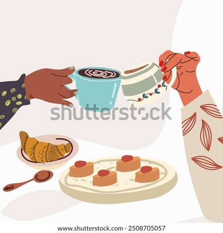 Hands holding tea cups. Coffee mugs cheers. Girls friends, couple drinking hot beverage, hand drawn. Breakfast gathering, meeting. Flat graphic vector illustration isolated on white background