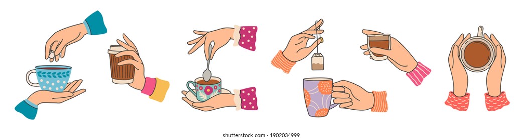 Hands holding tea cups. Elegant woman hand with mug with coffee or cacao, brew tea bag. Breakfast hot drinks and beverage, trendy vector set. Illustration tea drink and mug coffee