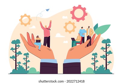 Hands Holding Team Of Tiny Business Persons. Social Help Or Support For Workplace Community Flat Vector Illustration. Employee Care, Wellbeing, People Management Concept For Banner, Website Design