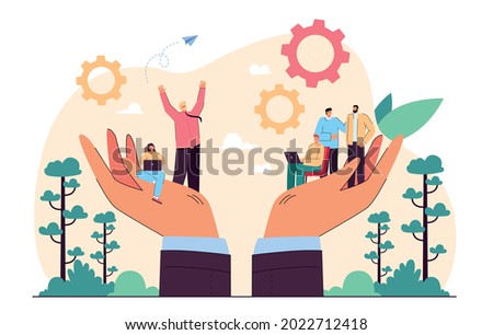 Hands holding team of tiny business persons. Social help or support for workplace community flat vector illustration. Employee care, wellbeing, people management concept for banner, website design