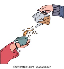 Hands holding teapots and cup. Hand drawn vector illustration.
