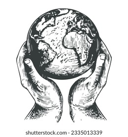 hands holding terrestrial globe. Hand-drawn engraving style illustrations.