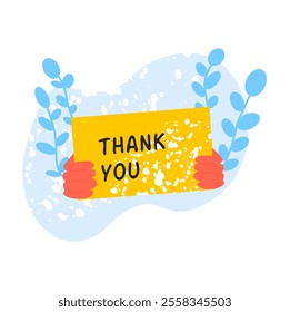 Hands Holding a Thank You Sign with Blue Leaves