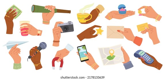 Hands holding things. Different objects in human hand, hold gestures. Hand with microphone, photo camera and mobile phone vector set. Female and male characters carrying map, ticket