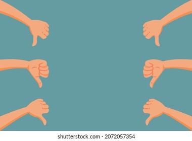 Hands Holding Thumbs Down As Dislike Sign Vector Illustration. Group of people showing unanimous disapproval and over-all negative feedback
