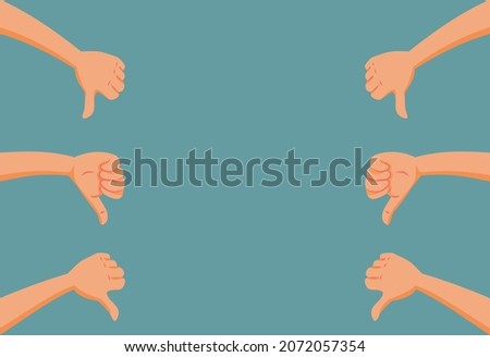 Hands Holding Thumbs Down As Dislike Sign Vector Illustration. Group of people showing unanimous disapproval and over-all negative feedback
