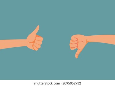 
Hands Holding Thumbs Up and Thumbs Down Vector Cartoon Illustration. People leaving mixed reviews in contradictory evaluation process
