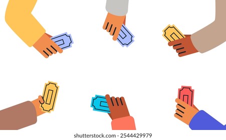 Hands holding tickets cinema theatre event colorful Six hands holding tickets in different colors on a white background