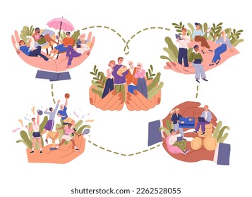 Hands holding tiny cartoon people with concept of employee care, happy family relationships, love and care, well being working conditions and protection at workplace and in sports and leisure