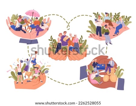 Hands holding tiny cartoon people with concept of employee care, happy family relationships, love and care, well being working conditions and protection at workplace and in sports and leisure