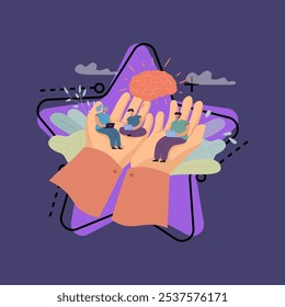 Hands holding tiny employees vector illustration. Company caring about office workers working on laptop with human brain above them. Business, professional growth, staff care concept