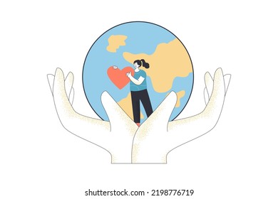 Hands holding tiny globe and woman with red heart. Love and care for ecology of planet from girl flat vector illustration. Earth day, peace concept for banner, website design or landing web page