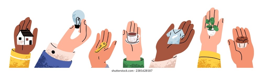 Hands holding tiny house, lightbulb, key, coffee cup, clothes, potted plant, food and cupcake. Palms own, give different small items, objects. Flat vector illustrations isolated on white background