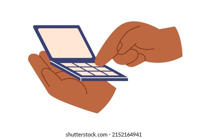 Hands holding tiny laptop with blank screen. Arms using computer, typing with keyboard. PC use icon. Digital online business concept. Flat graphic vector illustration isolated on white background