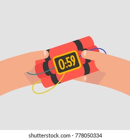 Hands holding a TNT time bomb with a digital display / flat editable vector illustration, clip art