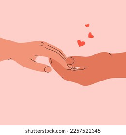 Hands holding together. Delicate touch, cartoon romantic postcard, love relationship family concept. Vector illustration