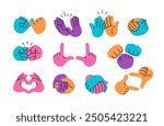 Hands holding together. High five, applause clap and fist bump, couple handshake, two hands frame cropping and heart shaped gestures vector set.