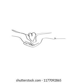 hands holding together love in continuous line drawing style, thin linear vector illustration