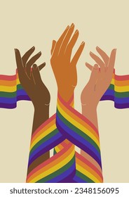 Hands holding together rainbow lgbt flag, pride month illustration