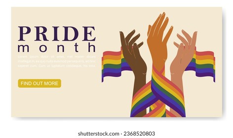 Hands holding together rainbow lgbt flag, pride month banner. Multiracial love.