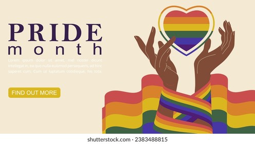 Hands holding together rainbow LGBTQ heart, pride month banner. Multiracial love. lgbtq+ support poste