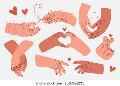 Hands holding together set. Human palm gestures with fingers flat cartoon style, abstract woman man hands touching and hugging with heart shape. Vector isolated collection.