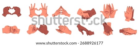 Hands holding together. Two interracial hand, couple love heart gesture child parent handshake palms fist touch applause clap support community team care classy vector illustration