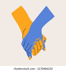 Hands holding together Ukrainian colors. Support Ukraine. Blue yellow flat hands, no war in Ukraine. Vector illustration