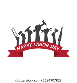 Hands holding tools and a red ribbon with happy labor day text