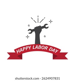 Hands holding tools and a red ribbon with happy labor day text